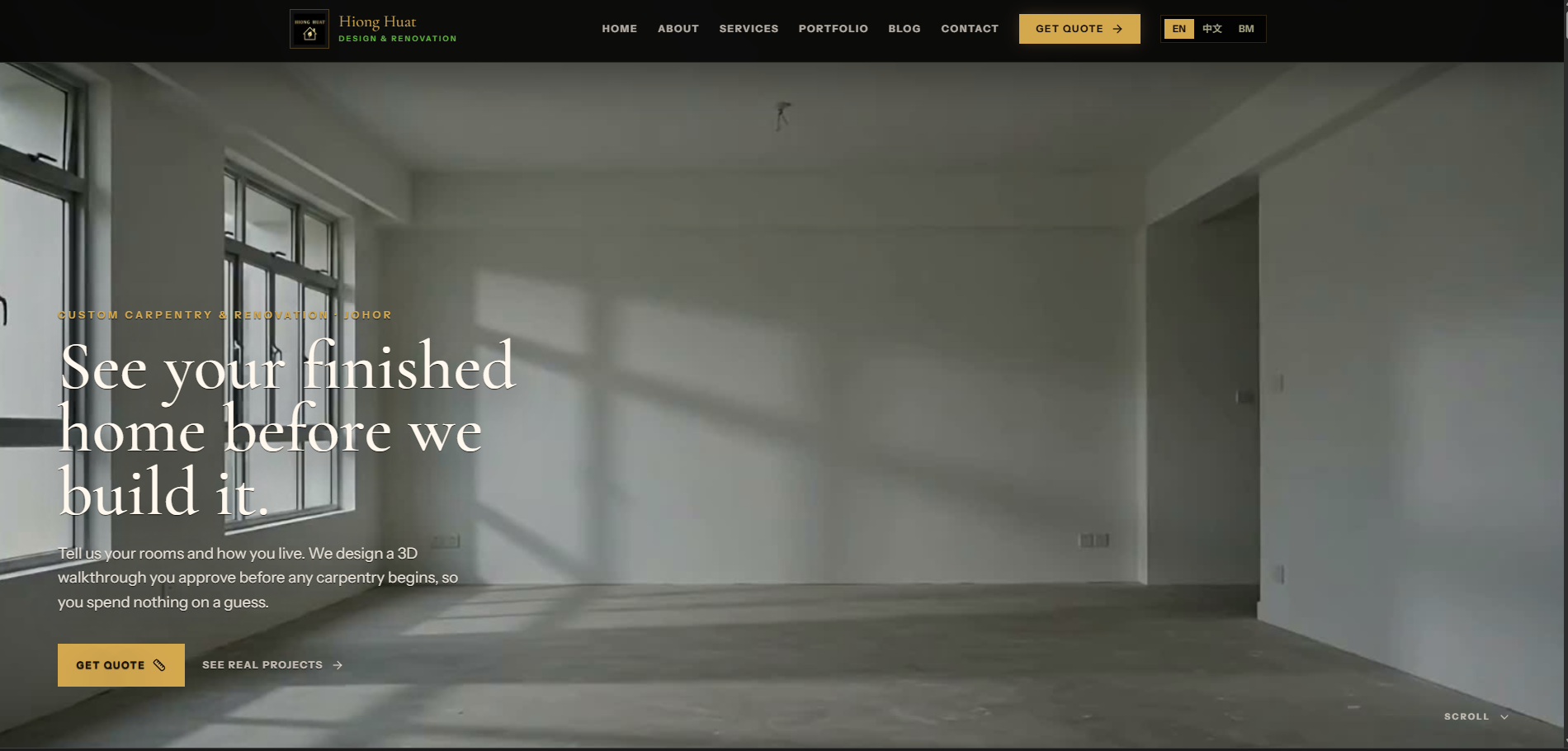 Hiong Huat website homepage — custom carpentry and renovation in Johor, with the headline 'See your finished home before we build it.'